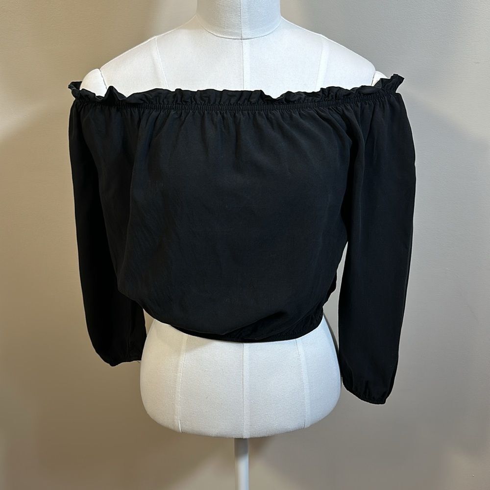 John Galt Black Off The Shoulder Longsleeve Cotton Viscose Crop Top Women OS